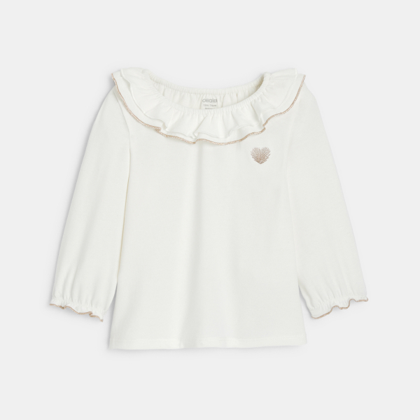 تي شيرت أبيض برقبة مكشكشة للفتيات الصغيرات